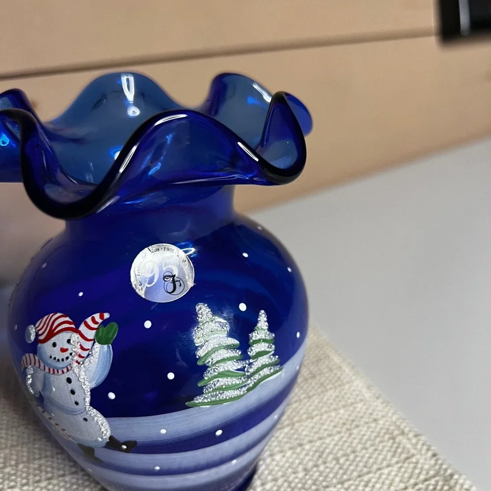 Fenton Cobalt Blue Glass Ruffled Vase Hand Painted Artist Signed C‎ A Hall